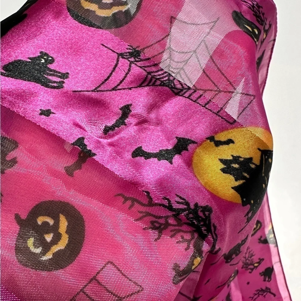 Purple Satin Halloween Scarf Witch Pumpkin Cat Bat Web 61x11.75” Rectangle